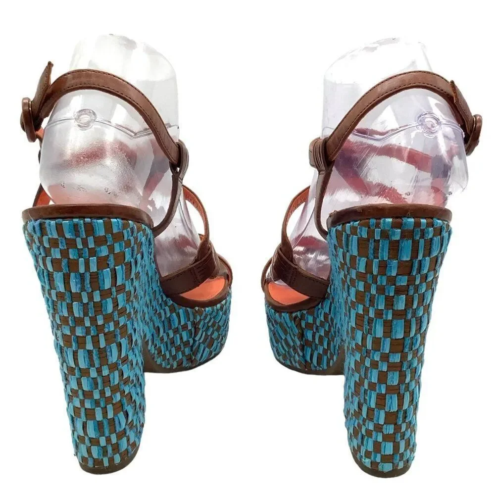 VIA SPIGA Cai Leather Platform Woven Wedge Sandals 41 9 Strappy Caged Mod Retro